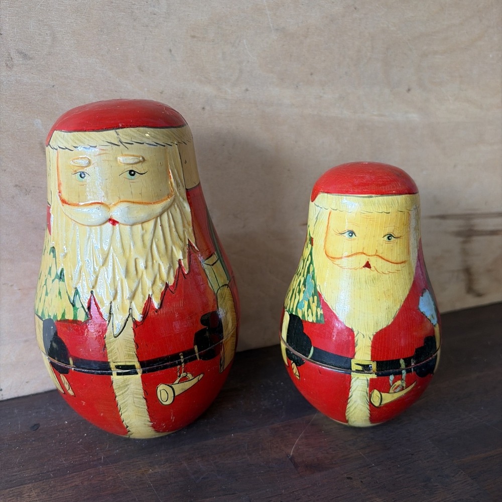 Vintage Russian Christmas Nesting Dolls Santa 2 pc Set